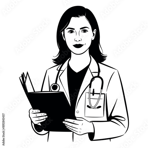 Female doctor wearing lab coat and stethoscope holding folder with papers and patient chart information in clinic office portrait professional healthcare professional at work
