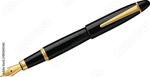 Black and gold fountain pen icon with pointed nib and clip, symbolizing elegance and formal writing.