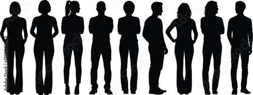 Black silhouette of eight diverse individuals standing side by side for group identity, diversity, and social visuals