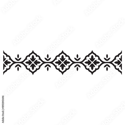 Intricate black ornamental border with repetitive floral motifs and geometric shapes on transparent background traditional design for decoration