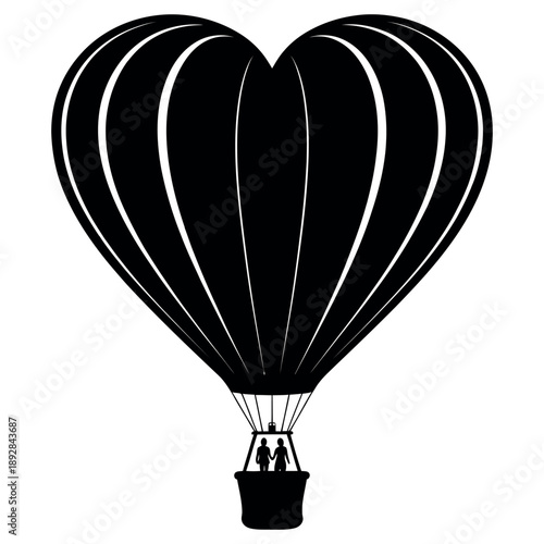 Heart shaped hot air balloon silhouette carrying small couple holding hands floating high in sky for romantic travel adventure honeymoon getaway and anniversary celebration themes