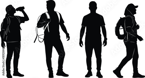 Collection of Four Traveler Silhouette Vector Illustration Set, People with Backpacks and Hiking Gear for Outdoor Adventure Travel Tourism and Active Lifestyle Design,