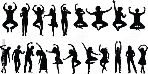 Collection of Dancing People Silhouettes Jumping and Posing in Different Dynamic Dance Moves, Energetic Lifestyle Concept, Isolated on White Background