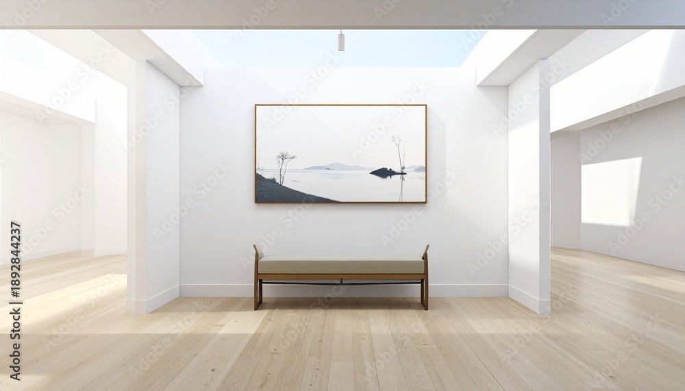 custom made wallpaper toronto digitalMinimalist white gallery with abstract painting, cushioned bench, spotlights, clean lines and symmetry.