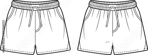 Line art illustration of casual drawstring shorts front and back views for sportswear fashion design technical sketch vector template set apparel collection style modern