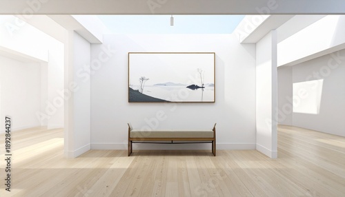 Wallpaper Mural Minimalist white gallery with abstract painting, cushioned bench, spotlights, clean lines and symmetry. Torontodigital.ca