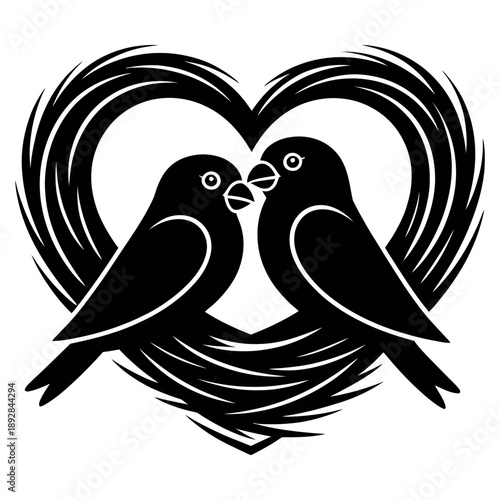Romantic birds silhouette illustration showing two lovebirds facing each other inside nest heart shaped frame symbol for wedding anniversaries valentines day and couples affection