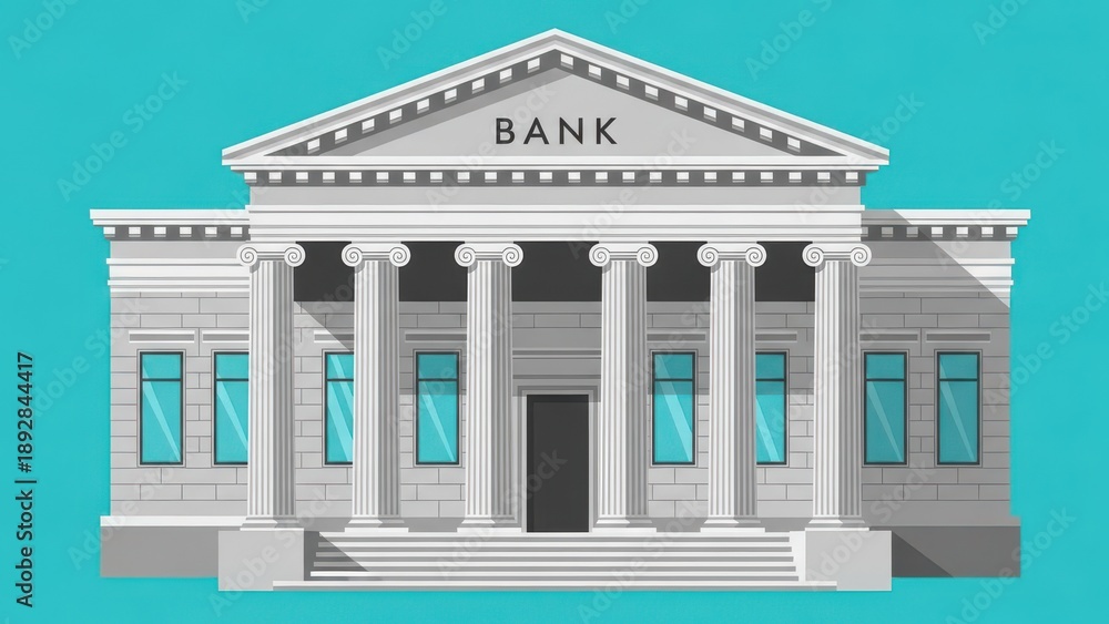 Fototapeta premium Closeup illustration of a bank buildings facade with columns and a triangular pediment on a teal background