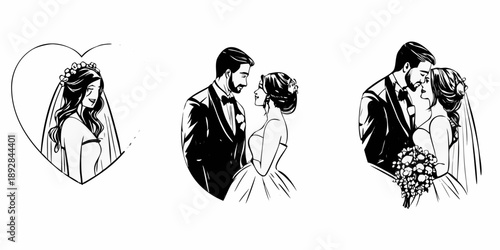 Elegant wedding sketches depict a bride and groom in loving embrace