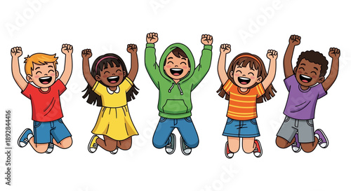 Diverse group of happy children celebrating with arms raised in joy and excitement