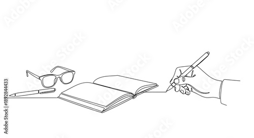 A minimalist line art drawing of a hand writing in an open book with eyeglasses and a pen nearby