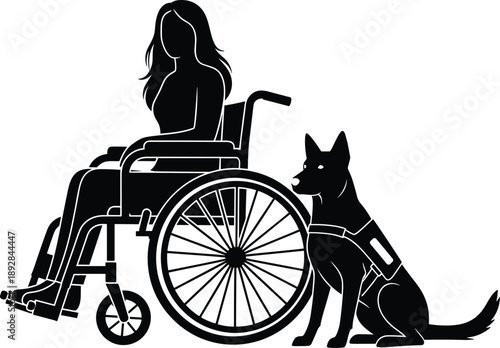 Silhouette of a Woman Sitting in Wheelchair with Service Dog Vector Illustration, Disabled Person with Faithful Guide Animal for Accessibility Healthcare and Disability Design,