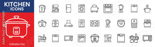Kitchen Appliance Collection Thin Line Icon Set Blender Toaster Coffee Machine Electric Kettle Dishwasher Food Processor