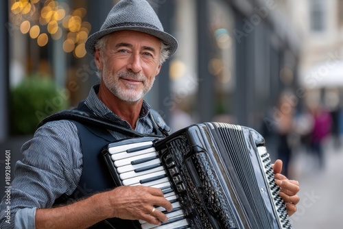 Musician plays accordion on a vibrant street during a lively afternoon