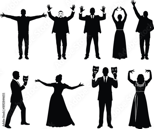 Collection of Nine Actor and Theater Performer Silhouette Vector Illustration Set, Male and Female Figures with Dramatic Masks for Stage Acting and Entertainment Design,