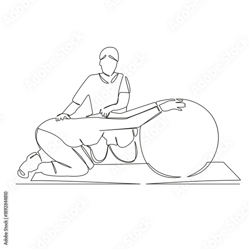 One continuous single drawing line art flat doodle physical therapy, patient, recovery, indoor, physical therapist, doctor, health care. Isolated image hand draw contour on a white background; hand dr