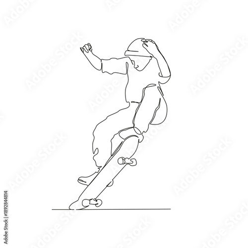 One continuous single drawing line art flat doodle teenage, sport, skateboard, jumping, boy, action, jump, fun. Isolated image hand draw contour on a white background; hand drawn; not AI