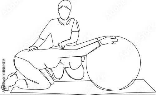 One continuous single drawing line art flat doodle physical therapy, patient, recovery, indoor, physical therapist, doctor, health care. Isolated image hand draw contour on a white background; hand dr