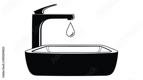 A black and white illustration of a modern bathroom sink with a single water drop