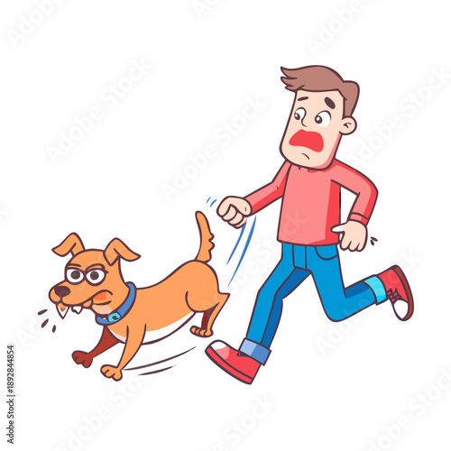 A cartoon man being pulled off of his feet by an excited, running pet dog.
