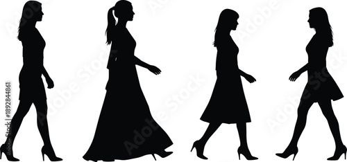Collection of elegant walking female silhouette figures in side view wearing dresses and heels isolated on white background, ideal for fashion, lifestyle, and modern design concepts