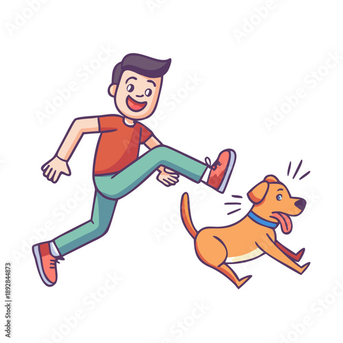 A cartoon man being pulled off of his feet by an excited, running pet dog.
