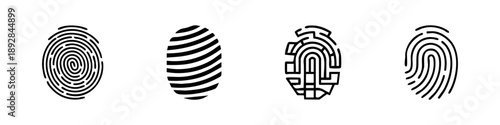 Set of colorful fingerprint icons in various styles, symbolizing biometric security, identity verification, and digital privacy on white background.