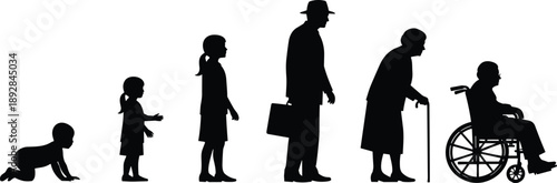 Blue and Black Retro Silhouette Illustration of the Human Lifecycle From Infancy to Senior Age in a Dithered 8-Bit Digital Pixel Art Style