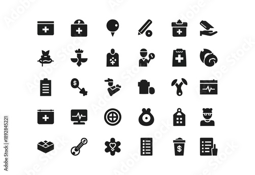 A collection of diverse icons representing various objects and activities, including medical, sports, technology, and lifestyle elements