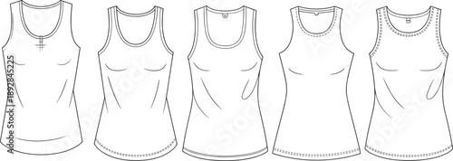 Women tank top technical fashion sketch set showing multiple front views, sleeveless shirt line art illustration for apparel design template isolated on white background