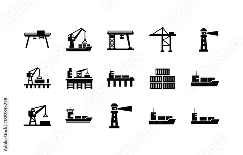 Collection of Maritime and Industrial Icons featuring Ships, Cranes, and Lighthouses
