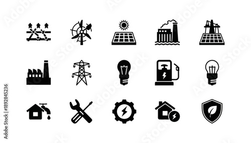 A collection of icons representing various aspects of energy and industry, including renewable sources, power generation, and infrastructure