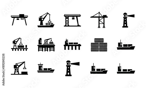 Collection of industrial port and shipping icons including cranes, cargo ships, container ships, and lighthouses representing maritime logistics and commerce