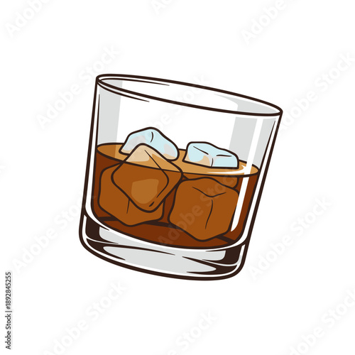 Glass of whiskey with ice cubes classic alcoholic drink illustration isolated on white