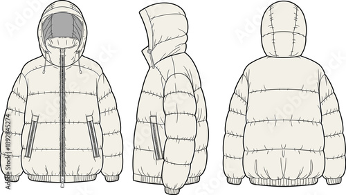 Puffer jacket technical fashion sketch showing front side and back views, winter hooded outerwear line art illustration for apparel design, isolated on white background