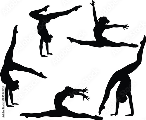 Collection of female gymnast and dancer silhouette figures performing acrobatic, stretching, and jumping poses isolated on white background for fitness, flexibility, and movement concepts