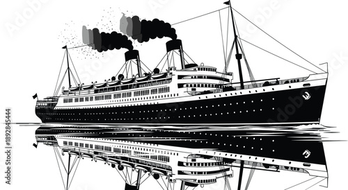 Black and white vintage ocean liner steamship illustration with water reflection and smoke for travel and maritime history