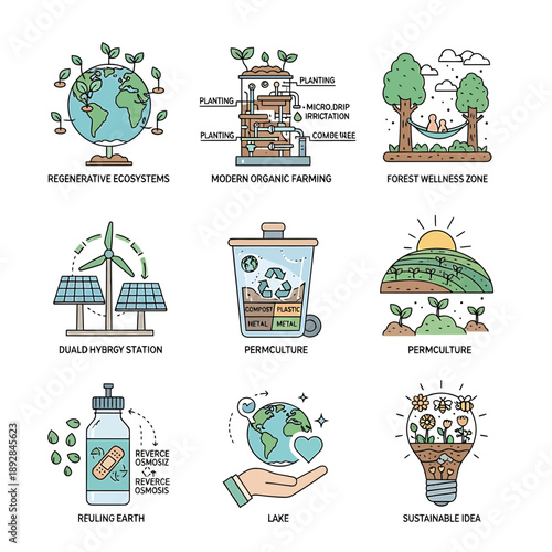 Colorful Sustainable Lifestyle & Environmental Icon Set

