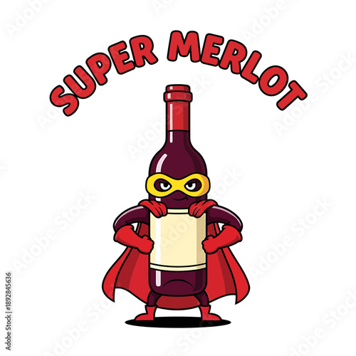 Super Merlot Cartoon Vector – Funny Superhero Wine Bottle Character with Cape, Glasses and Comic Text Design

