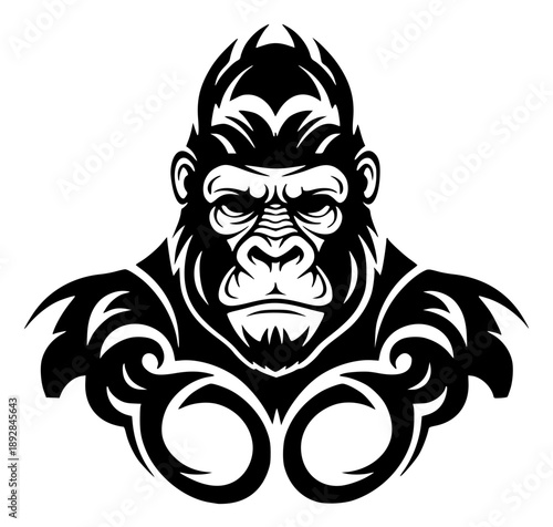 illustration depicts the head and shoulders of a gorilla in a tribal or tattoo art style