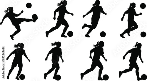 Collection of female soccer player silhouette figures dribbling and kicking ball in action poses isolated on white background, ideal for sports, fitness, and competition design concepts