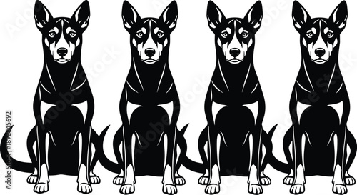 Set of four loyal guard dog silhouettes with pointed ears sitting in a row for pet shop branding canine animal protection and domestic puppy vector