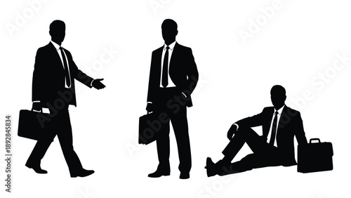 Silhouettes of three businessmen in suits carrying briefcases depicting different poses