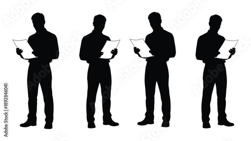 Four silhouetted men reading documents or papers in a row