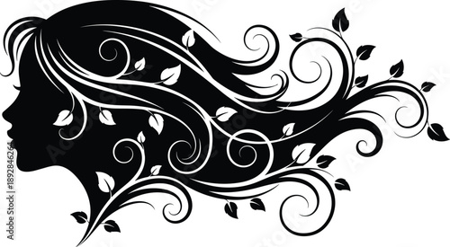 Detailed black vector silhouette of woman face profile with ornamental floral hair swirls isolated on white background for natural beauty design concepts