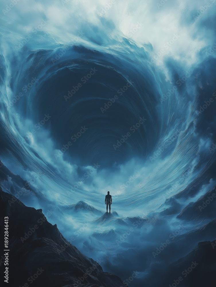 Fototapeta premium Person standing at edge of abyss surrounded by swirling mist and ominous clouds symbolizing challenges or despair