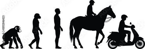 Creative vector silhouette showing evolution of man from monkey to riding horse and motor scooter isolated on white background for transportation concepts