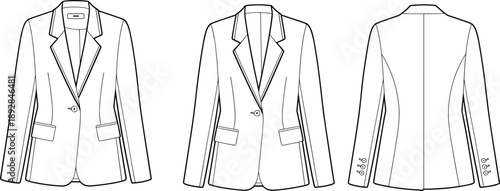 Women tailored blazer technical fashion sketch showing front side and back views, clean line art jacket outline for apparel design illustration isolated white background