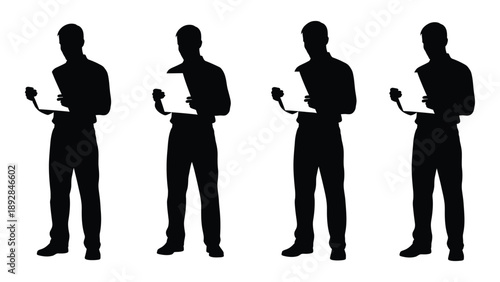 Four silhouetted men in varying poses seemingly speaking into handheld devices