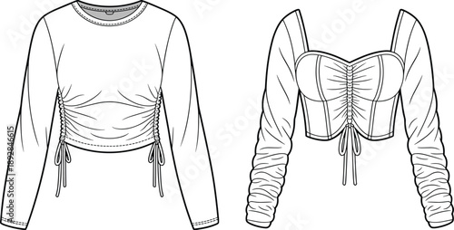 Hand-drawn tiered maxi dress fashion sketch with tie-strap shoulders, corset back detail, front and rear technical outline for summer apparel design illustration isolated background